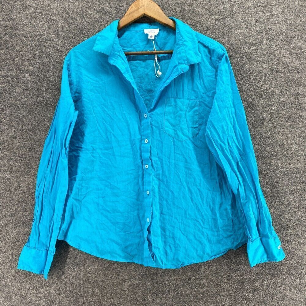 Sigrid Olsen Shirt Women L Large Blue Button Up Collared Long Sleeve Cotton